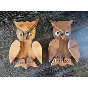 1970's Hanging Homemade Vintage Wooden Owls